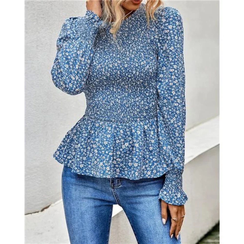 Women's Long Sleeve Crewneck Floral Print Smocked Ruffle Hem Blouse Shirt Tunics_4